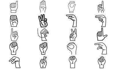 Fototapeta na wymiar Hand Drawn Sketch of Finger Spelling The Alphabet in American Sign Language Isolated on white Background.