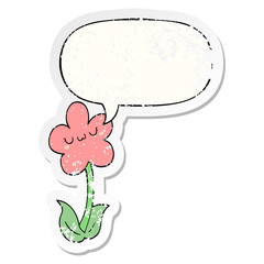 cartoon flower and speech bubble distressed sticker
