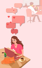 Beautiful girl at the home table communicates with her boyfriend online. 