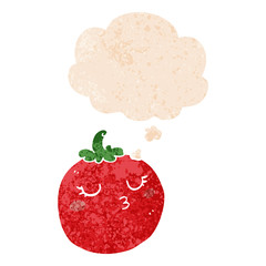 cartoon tomato and thought bubble in retro textured style