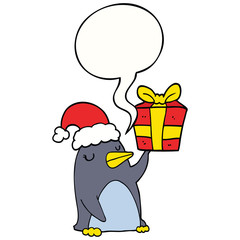 cartoon penguin and christmas present and speech bubble