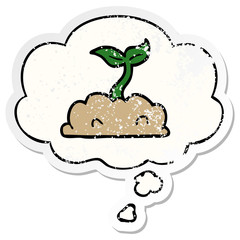 cartoon growing seedling and thought bubble as a distressed worn sticker