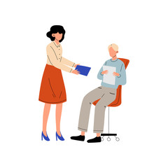 Girl Giving Paper Documents to Man who Sitting on Chair, Colleagues Working Together in Office, Communication Between Coworkers Vector Illustration