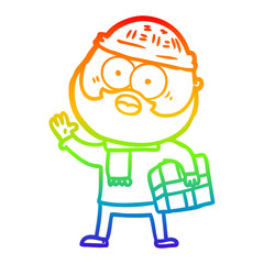 rainbow gradient line drawing cartoon bearded man with present