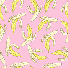 Seamless background with yellow bananas on pink.