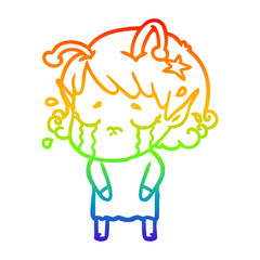 rainbow gradient line drawing cartoon crying alien girl