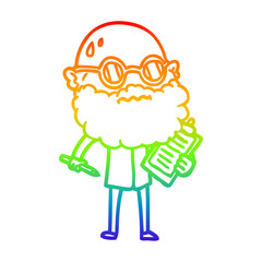rainbow gradient line drawing cartoon worried man with beard and sunglasses taking survey