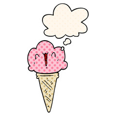 cartoon ice cream with face and thought bubble in comic book style