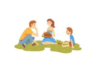 Happy Family Resting on Grass, Father, Mother and Son Having Picnic In Park, Summer Outdoor Activities Vector Illustration