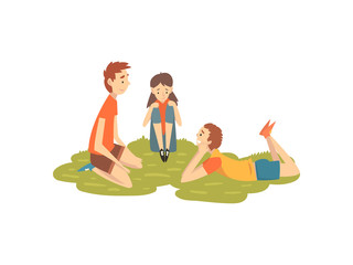 Happy Friends Resting on Grass, Two Boys and Girl Playing on Nature, Summer Outdoor Activities Vector Illustration