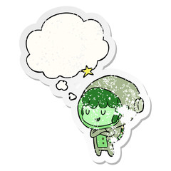 cartoon space girl and thought bubble as a distressed worn sticker
