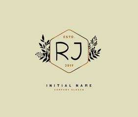 R J RJ Beauty vector initial logo, handwriting logo of initial signature, wedding, fashion, jewerly, boutique, floral and botanical with creative template for any company or business.