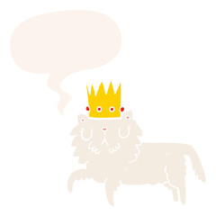 cartoon cat wearing crown and speech bubble in retro style