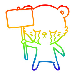 rainbow gradient line drawing crying cartoon bear with sign post
