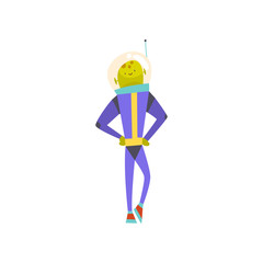 Funny Friendly Green Alien Standing with Hands on Its Waist, Cute Humanoid Cartoon Character in Blue Space Suit and Helmet Vector Illustration