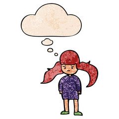 cartoon girl with long hair and thought bubble in grunge texture pattern style