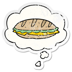 cartoon cheese sandwich and thought bubble as a distressed worn sticker