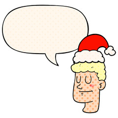 cartoon man wearing christmas hat and speech bubble in comic book style