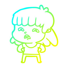 cold gradient line drawing cartoon worried woman