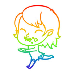 rainbow gradient line drawing cartoon vampire girl with blood on cheek