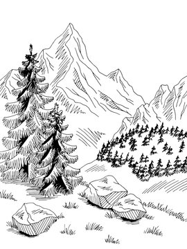 Mountains hill graphic black white vertical landscape sketch illustration vector