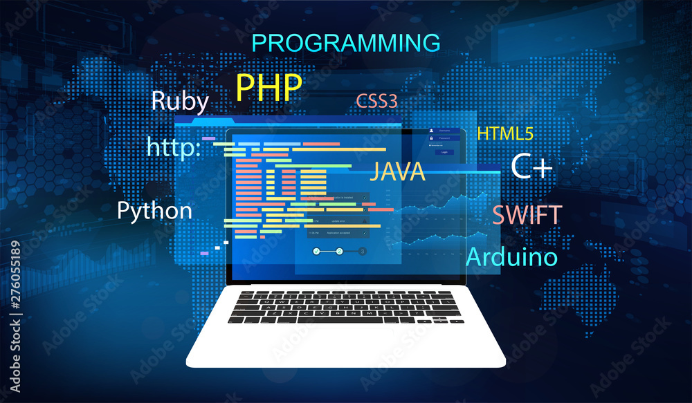 Poster Programming concept banner. Software, web development, programming concept. Programming languages( java, c++, ruby, payton, CSS3, Swift) and program code on screen laptop. Software development