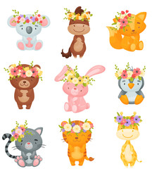 Set of cute animals with wreaths of flowers on their heads. Vector illustration on white background.