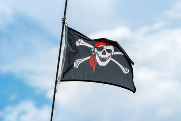 Waving in the wind pirate flag on the mast