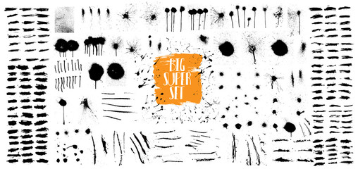 Very Nice grunge set. Big collection of black paint brushes, ink brush strokes, lines, spray graffiti stencil. High quality manually tracked. Black ink blow explosion. Big grunge set elements. Vector