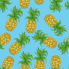 Pineapple seamless pattern in the cartoon style on a blue background