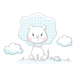 Lion and turtle baby cute print. Sweet tiny animals with clouds landscape.
