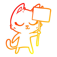 warm gradient line drawing calm cartoon cat with placard