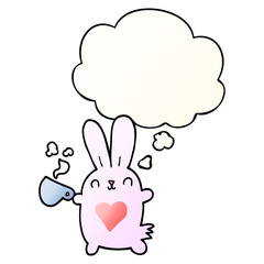 cute cartoon rabbit with love heart and coffee cup and thought bubble in smooth gradient style