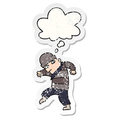cartoon sneaking thief and thought bubble as a distressed worn sticker