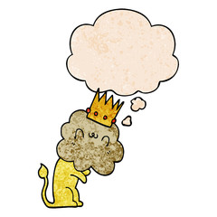 cartoon lion with crown and thought bubble in grunge texture pattern style