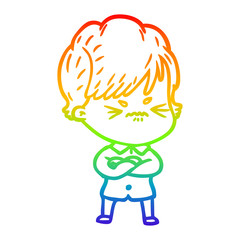 rainbow gradient line drawing cartoon frustrated woman