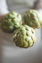 The girl is holding an artichoke in her hands. A concept of proper and dietary nutrition, Dotex