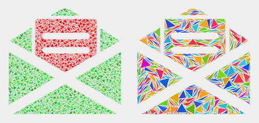 Open mail mosaic icon of triangle elements which have variable sizes and shapes and colors. Geometric abstract vector illustration of open mail.