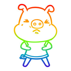 rainbow gradient line drawing cartoon angry pig wearing tee shirt
