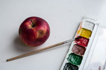a red apple and watercolor paint and brush on white background