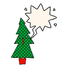 cartoon christmas tree and speech bubble in comic book style
