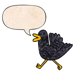 cartoon duck running and speech bubble in retro texture style