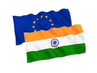 National fabric flags of India and European Union isolated on white background. 3d rendering illustration. 1 to 2 proportion.