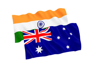 National fabric flags of Australia and India isolated on white background. 3d rendering illustration. 1 to 2 proportion.