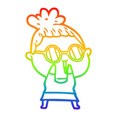 rainbow gradient line drawing cartoon shy woman wearing spectacles