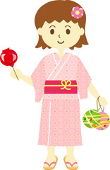 浴衣　女の子　りんご飴　ヨーヨー
