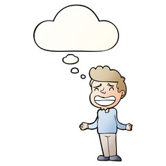cartoon boy shrugging and thought bubble in smooth gradient style