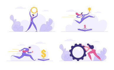 Successful Team Spirit Ambitious, Finance Business Concept Set. People Characters with Gears, Glowing Light Bulbs, Money Goal Trap, Creative Idea, Financial Dangers, Cartoon Flat Vector Illustration