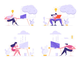 Business People, Freelancers Using Cloud System for Work and Communication. Characters Working on Laptops in Office and Home Transfer Info via Online Cloud Storage Cartoon Flat Vector Illustration