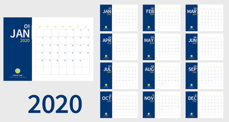 Vector of 2020 new year calendar in clean minimal table simple style and blue green color,Holiday event planner,Week Starts Sunday.include holiday event.A5 size